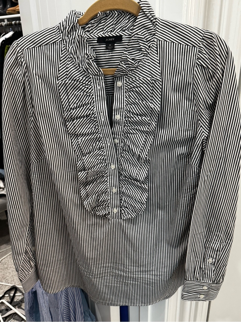 J. Crew Black and White Striped Ruffle-Front Shirt